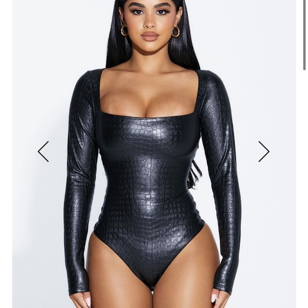 Naked Wardrobe | Black Crocodile Embossed Faux Leather Bodysuit